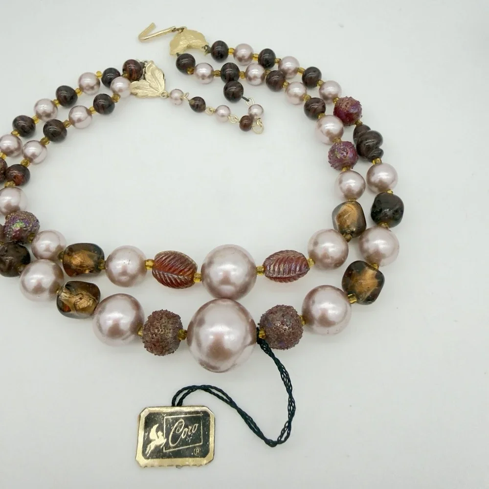 Vtg 50s Coro Iridescent Molded Glass Necklace Double Strand Orig. Tag Japan NOS